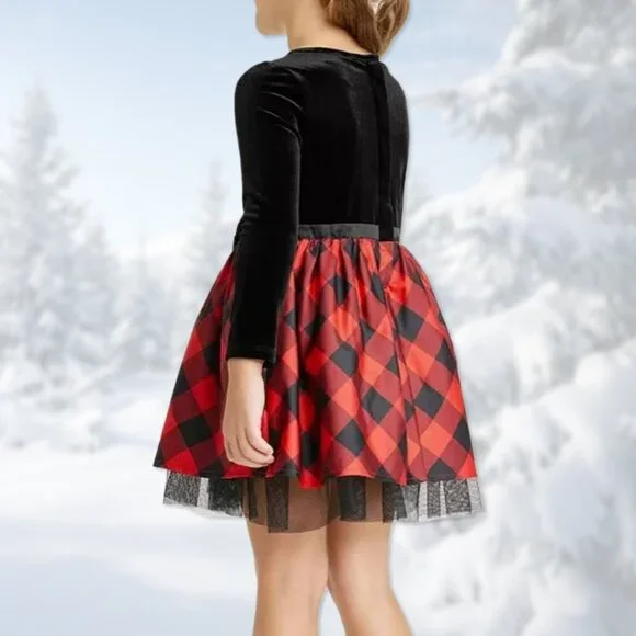 NWT Black Velour & Red Buffalo Check Long-Sleeve Dress - Girls Size L (10/12) - Picture 3 of 5